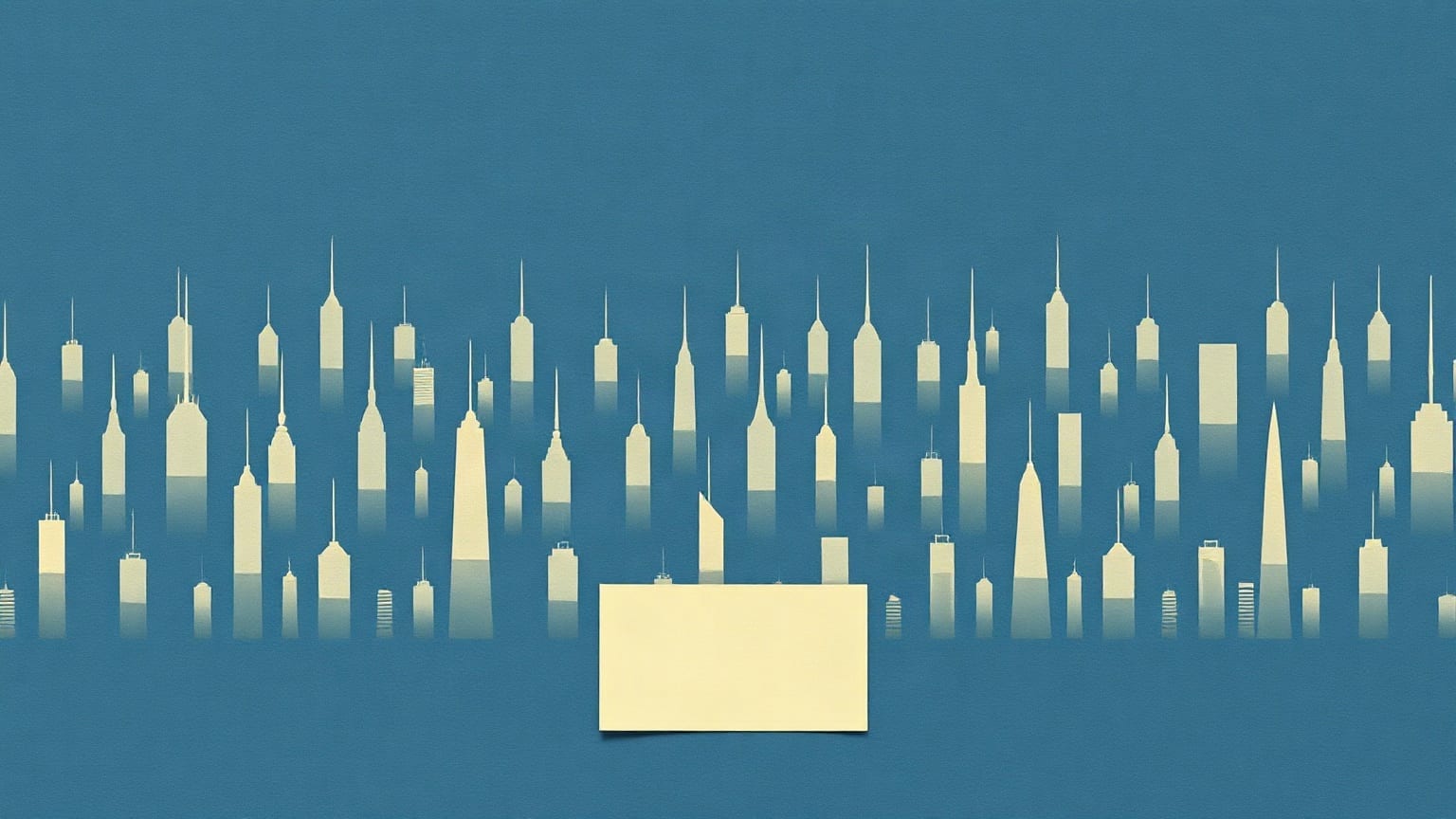 A dense field of paper tower silhouettes with smaller new ones filling the gaps, a blank licence card in front