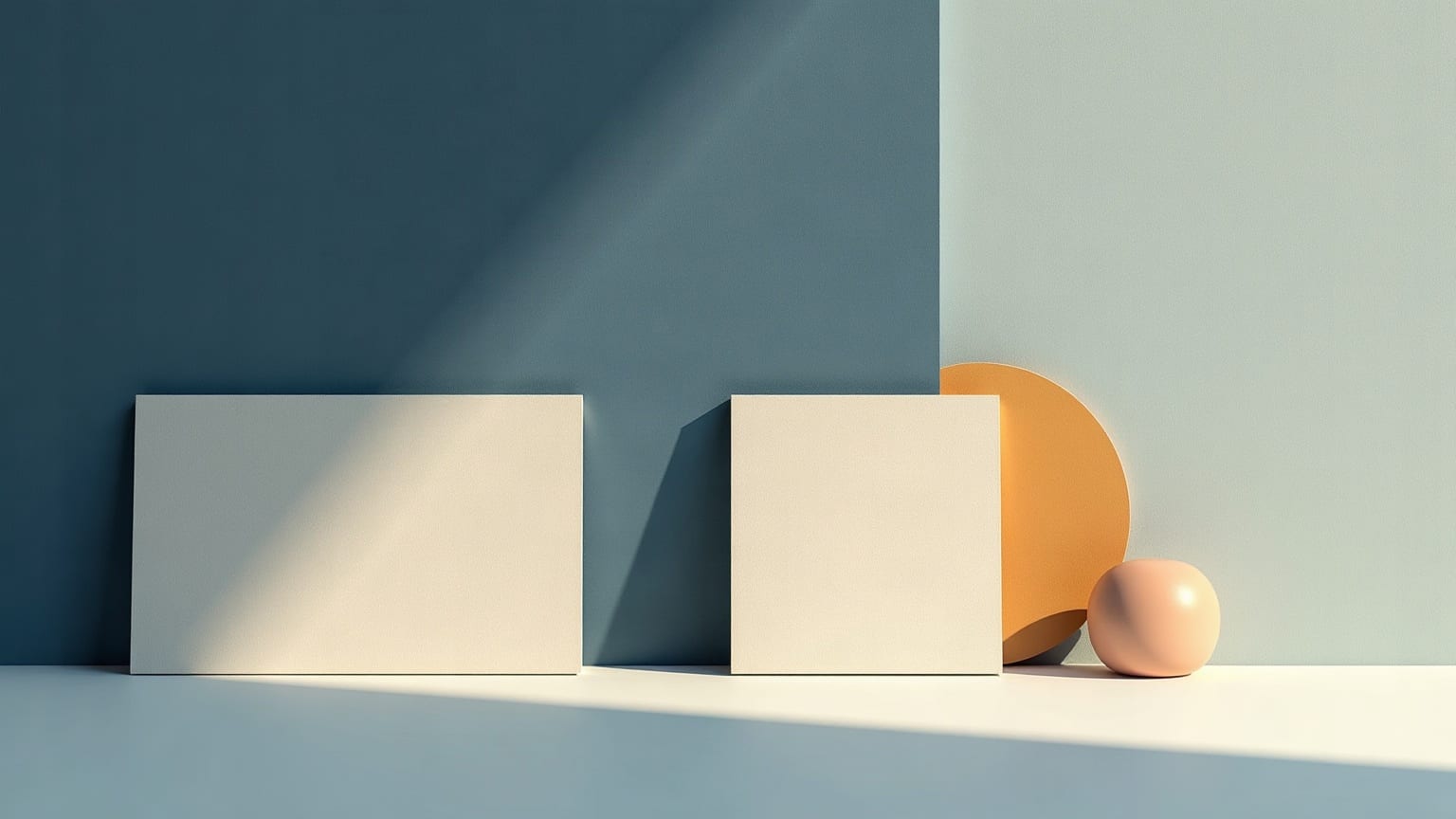 Cut-paper illustration: two blank cream panels propped against a wall, with a brass disc and a small sphere behind the right-hand one.