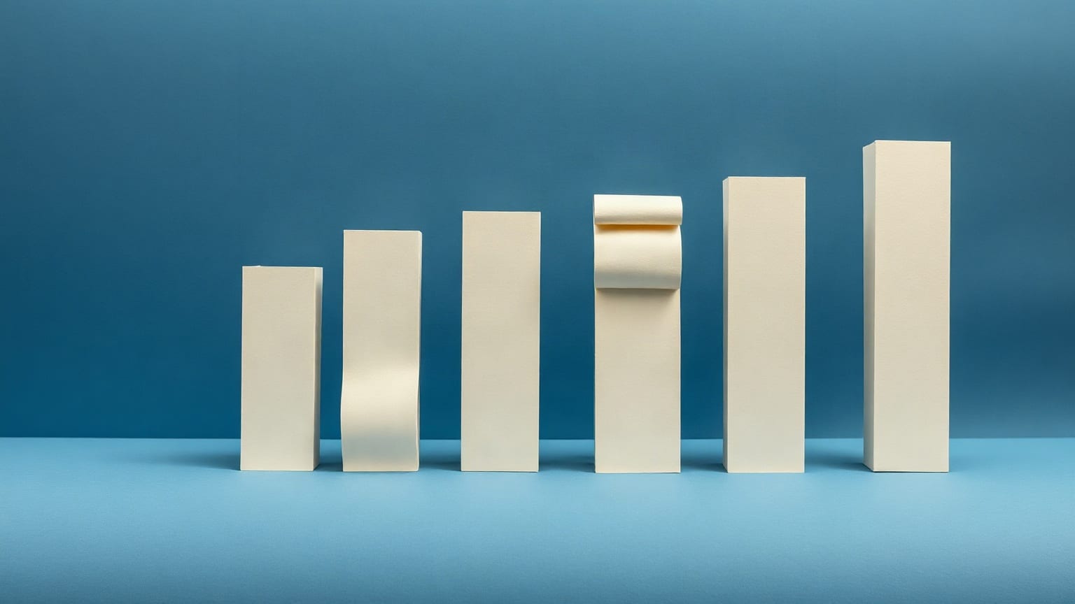 A tall stack of thin paper bars on a slate ground, the topmost bar shorter than the one below it, a single brass rule drawn across the stack