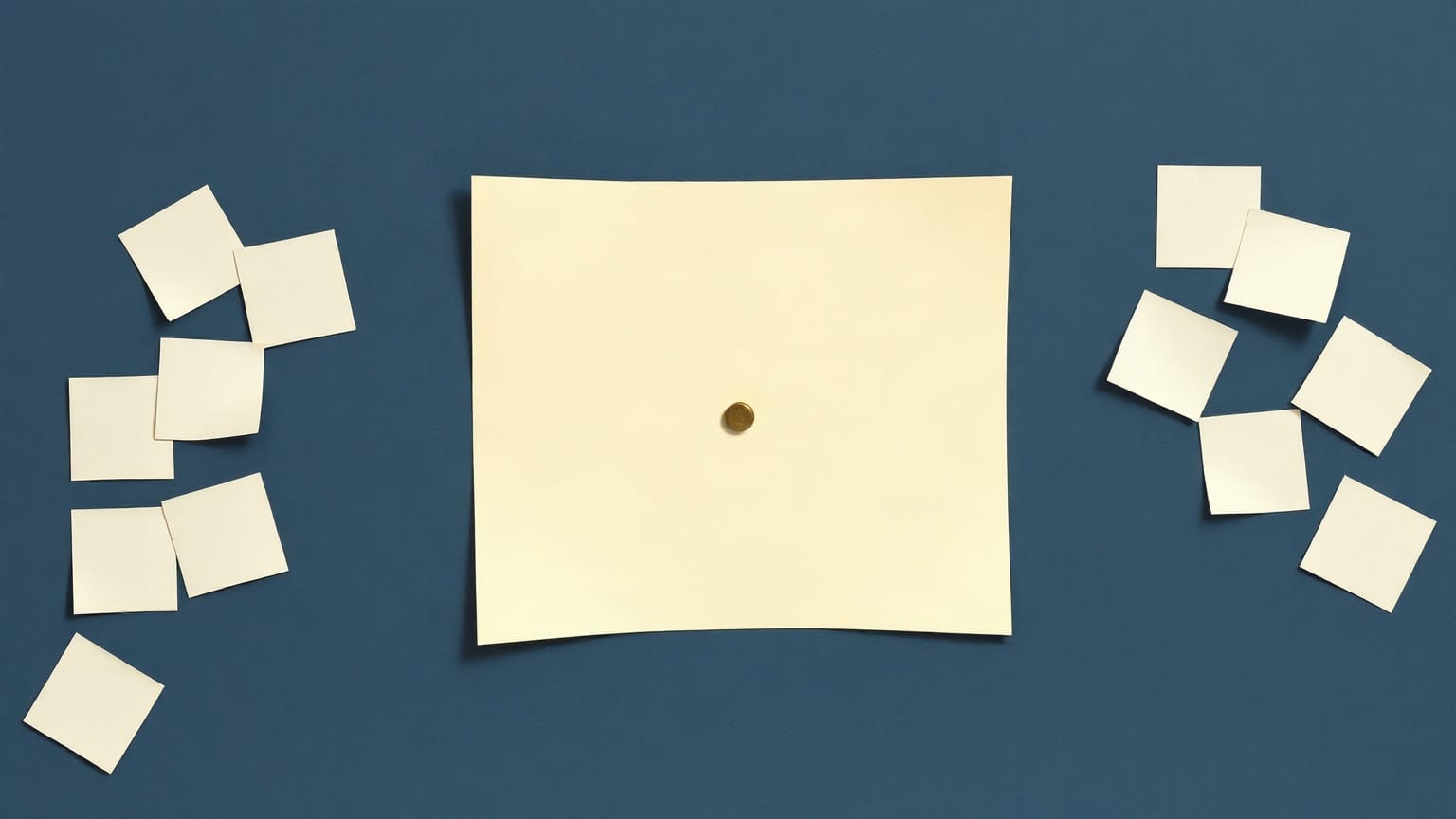 A scatter of small cut-paper squares on a slate ground converging on one larger cream square, thin brass lines between them