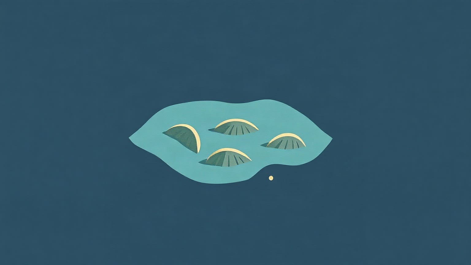Cut-paper illustration: five frond-shaped islands in a flat sea, seen from above.