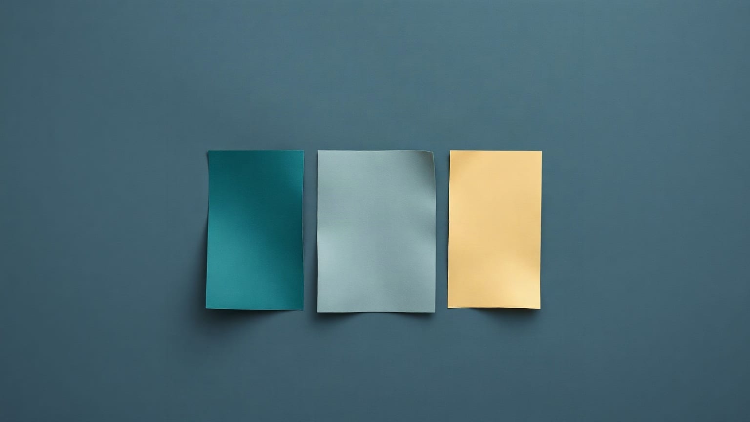 Three upright paper rectangles in teal, pale blue and gold standing apart on a slate ground