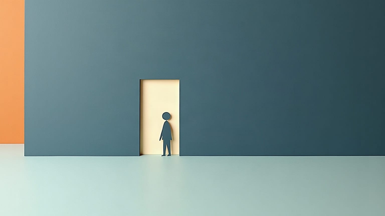 Cut-paper illustration: a flat wall crossing the frame with one narrow doorway cut through it, and a small upright figure standing in the opening.