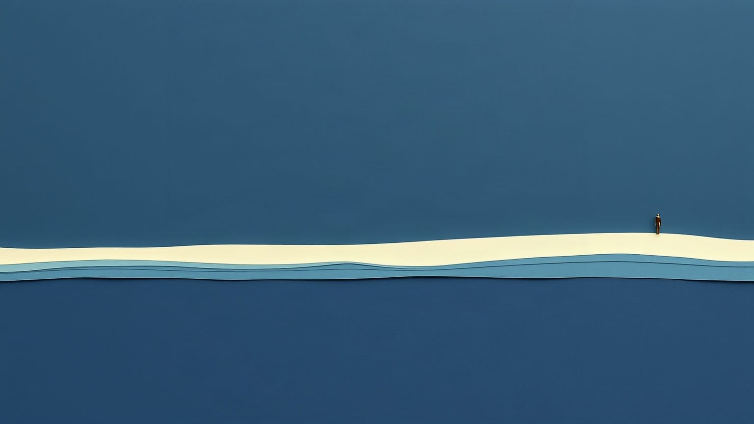 Cut-paper illustration: a long pale shoreline curving across a slate-blue ground, with one tiny upright figure standing on it.