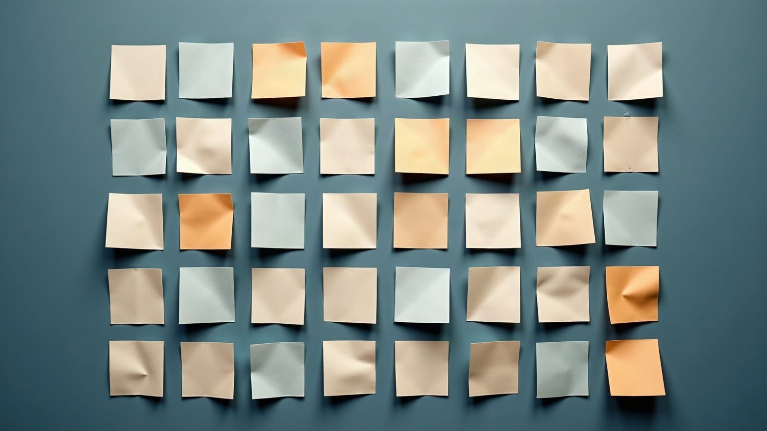 Cut-paper illustration: a grid of small paper squares in pale grey-blue and cream, a few of them warm orange, each casting a soft shadow.
