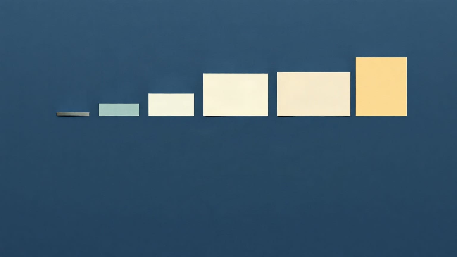 Six paper rectangles in a row on a slate blue ground, each one taller than the one before it, the last of them in warm amber