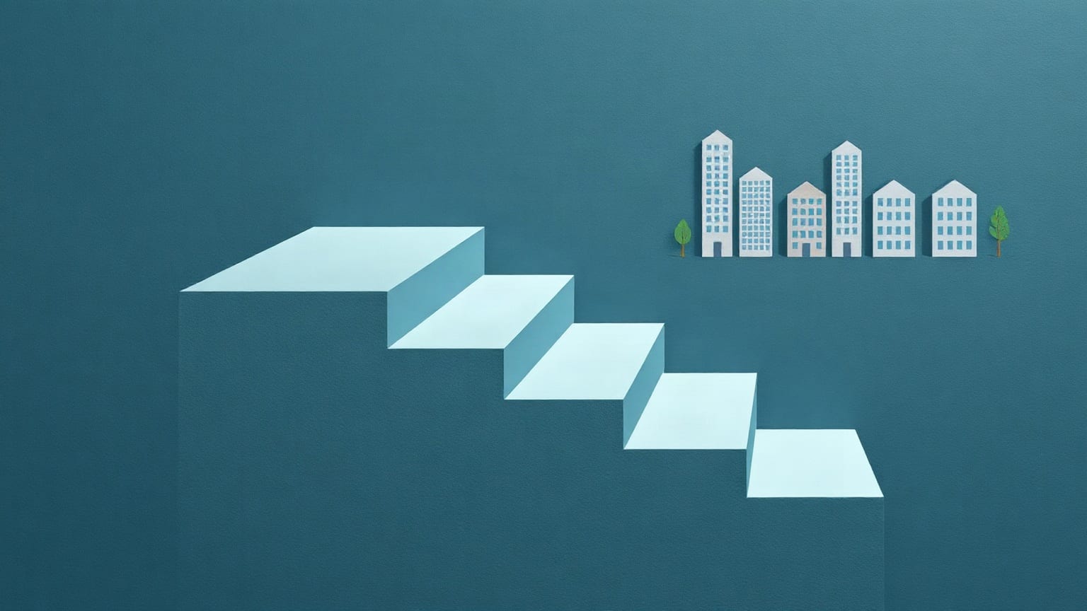 A flight of wide paper steps rising across the frame with low office blocks behind