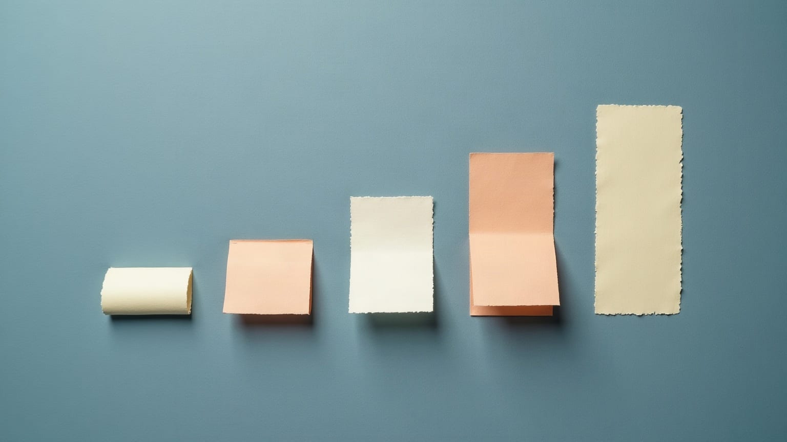 Torn paper rectangles standing in a row, each one taller than the last