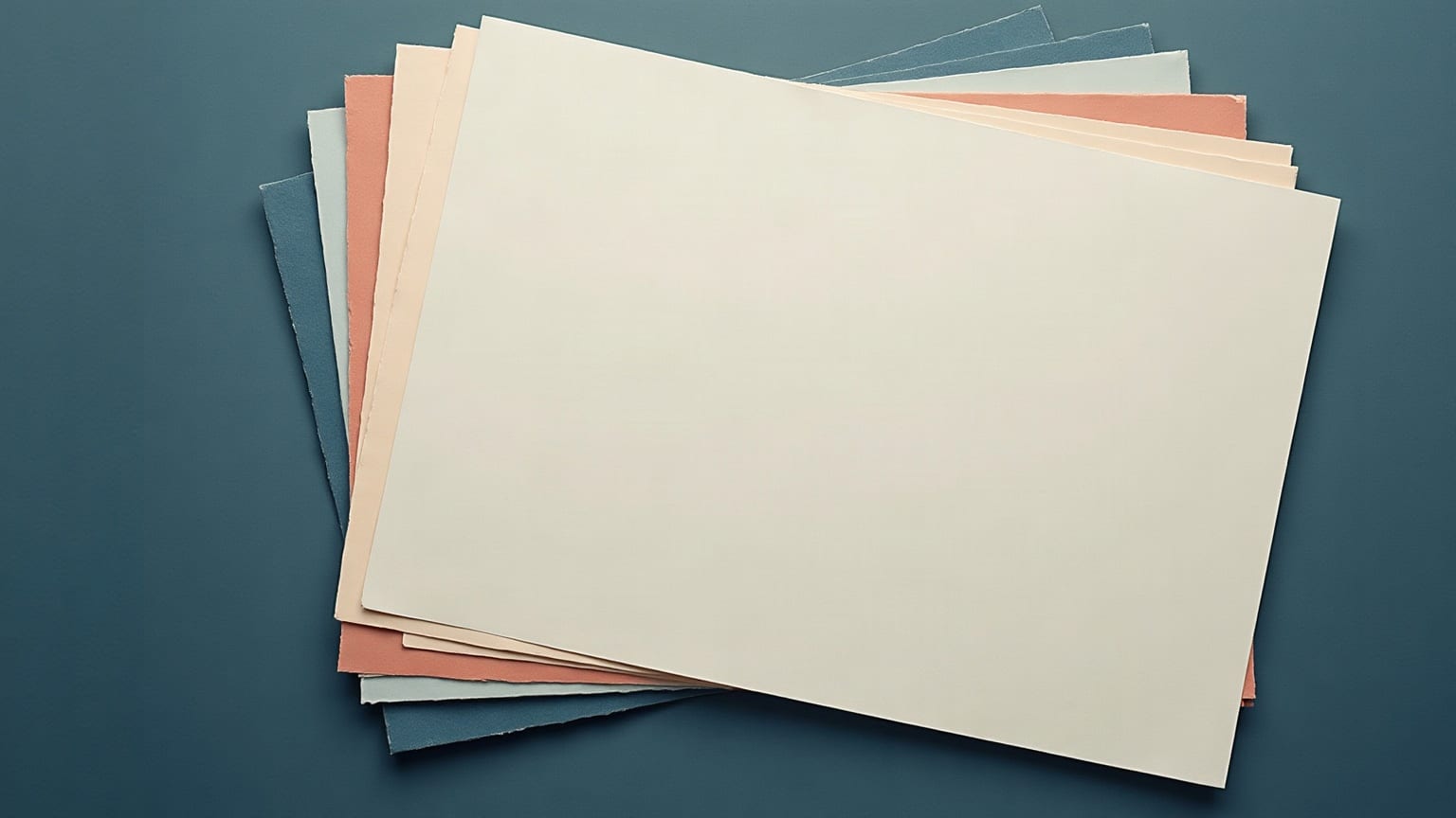Cut-paper illustration: a loose stack of plain paper sheets seen from above, the pale edges of the lower sheets showing around a cream top sheet.