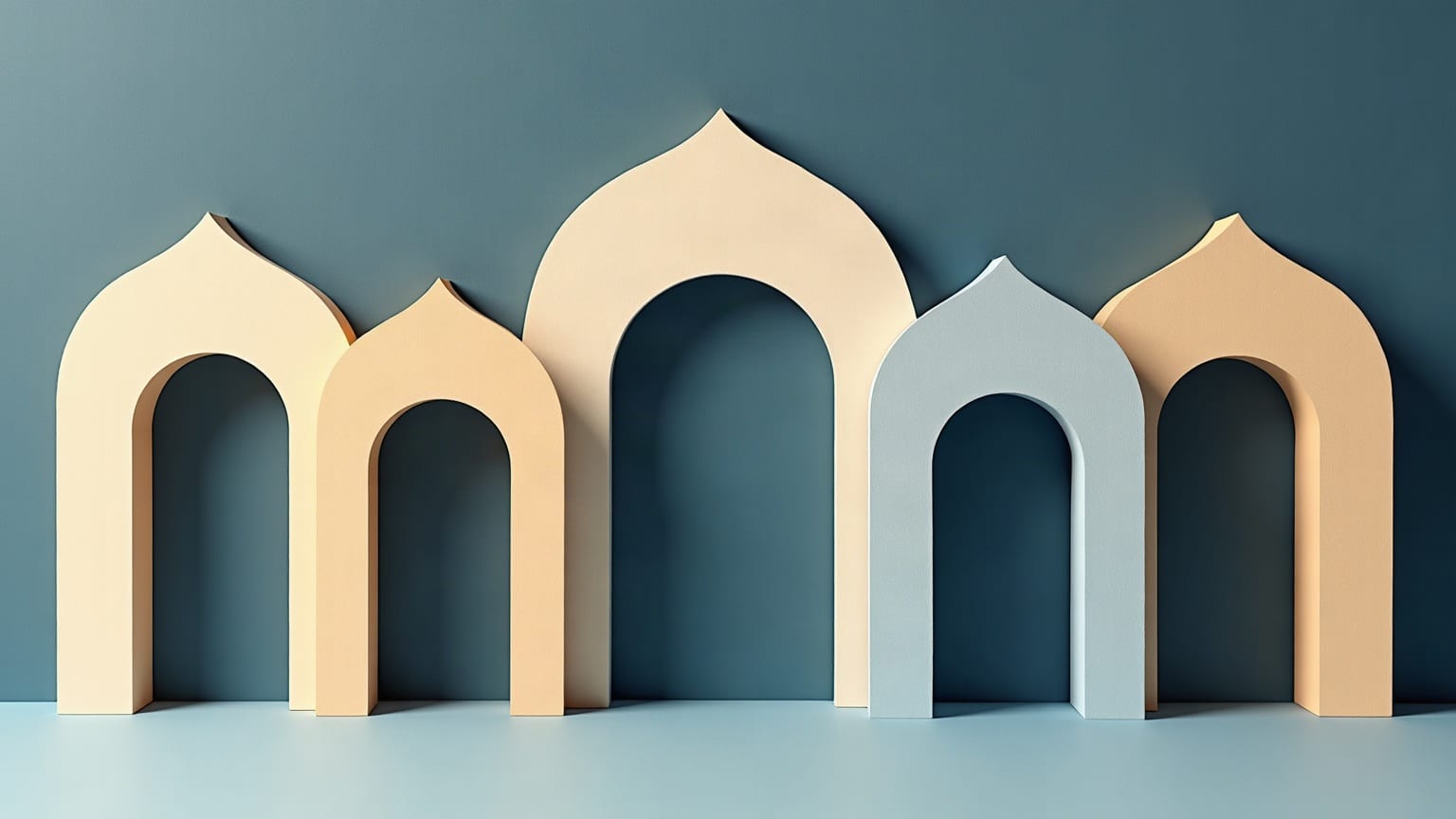 Cut-paper illustration: a row of pale paper arches of differing heights standing on a slate-blue ground.