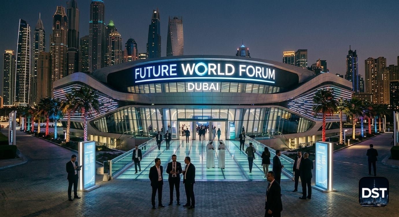 A conference venue at dusk under a Dubai skyline, its facade lit with the words Future World Forum Dubai