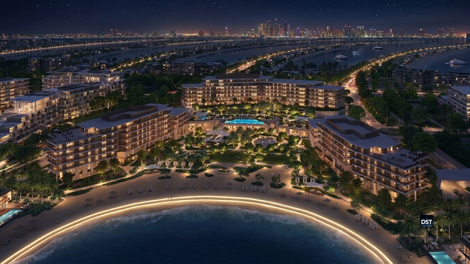 Night aerial render of Palm Central's beachfront residences and central Spine, Palm Jebel Ali.