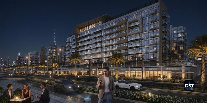 Illustration of the Azizi Riviera promenade at night — a generated image, not a photograph of the development.